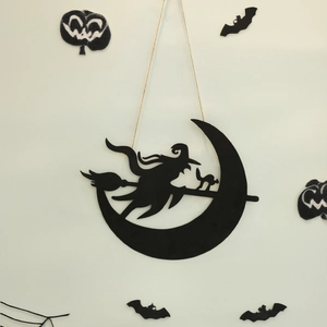 Halloween black metal witch silhouette hanging sign with crescent moon and broomstick