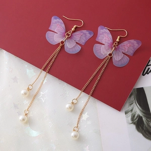Boucles d'oreilles papillon violettes élégantes avec pampilles et perles dorées