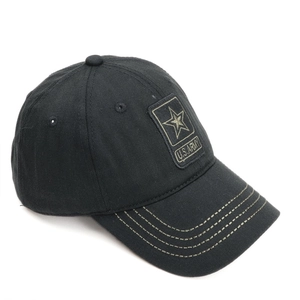 Detail view of the black U.S. ARMY embroidery and gold star patch on a cotton baseball cap