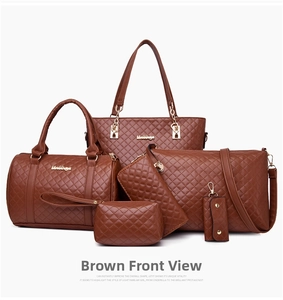 Detailed set of six brown quilted bags including tote and accessories with gold accents