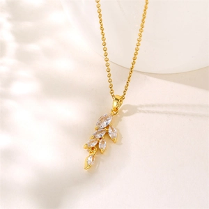 Elegant 18K gold wheat pendant necklace with sparkling marquise zirconia on a steel chain