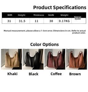 Size specifications and multi-color overview of a large faux suede tote bag
