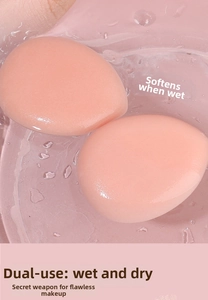 Macro view of pink finger puff showing soft texture when wet for makeup application