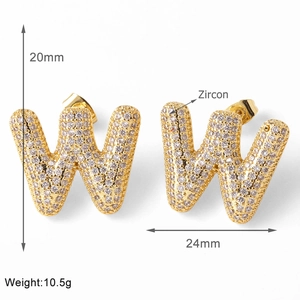Detail showing letter W gold earrings with white zircon dimensions 20mm by 24mm