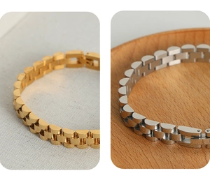 Detailed comparison of gold and silver stainless steel watch-band style link bracelets