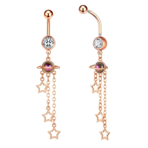 Rose gold belly ring with zircon planet pendant and dangling star chains detail