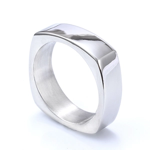 Polished silver stainless steel square ring with minimalist design on white background