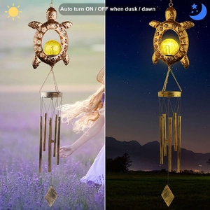 Solar powered turtle wind chime with automatic light sensor for outdoor garden decor