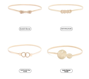 Detail showing four styles of gold elastic waist chains with various metal buckle designs