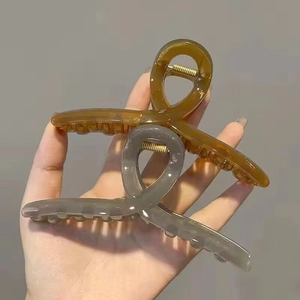 Close-up of large glossy hair claw clips in transparent amber and smoky gray colors