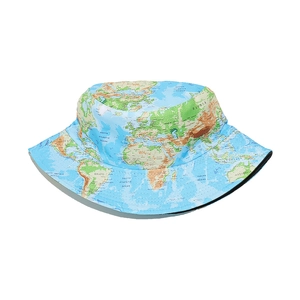 Unisex bucket hat with world map print in sky blue and green for outdoor sun protection