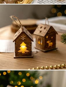 Close-up of wooden Christmas house ornament with deer design and warm LED lighting