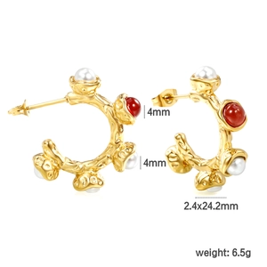 Luxe gold-plated stainless steel hoop earrings with pearls and red stones in lava texture
