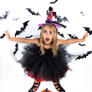 Kids witch costume with black red tutu dress and purple sequin hat for Halloween party