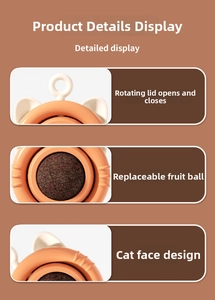 Detail view of catnip gall fruit ball toy featuring orange cat head shell and rotatable lid