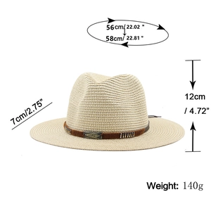 Chapeau de cowboy en paille beige avec ruban marron décoratif et dimensions indiquées