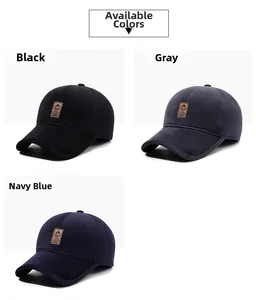 Detailed view of three baseball caps in black, grey, and navy blue with sport leather patches