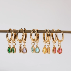 Elegant teardrop gemstone hoop earrings set in various vibrant colors with gold plating
