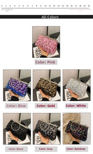 Detailed grid showing seven colors of sequin evening bags with a 20cm scale ruler