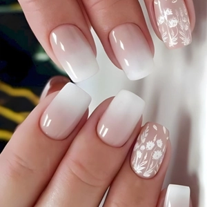 French gradient press-on nails with white floral prints and glossy short square finish