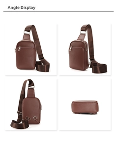 Multi-angle view of brown lychee leather chest bag showing straps and metal zippers