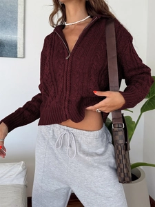Women's wine red cable knit hoodie cardigan with zipper closure and cropped design