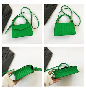 Detail shots of green woven texture PU square crossbody bag from multiple angles