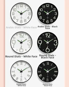 Detail showing various luminous quartz wall clock styles with Arabic and Roman numerals