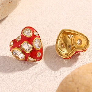 18K gold plated stainless steel heart earrings with red enamel and white zircon stones