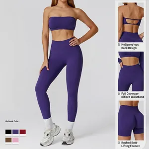 Women's seamless ribbed purple yoga set with hollow back top and ruched booty leggings