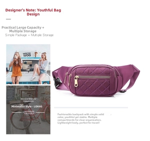 Detailed view of quilted purple waist bag featuring multi-pocket storage and nylon fabric