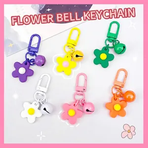Cute Flower Keychain With Bell Soft Rubber Macaron Colorful Floral Bag Pendant INS Style Accessory For Girls