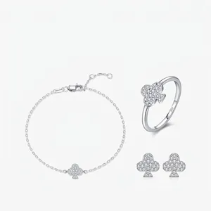 Moissanite 925 Sterling Silver Jewelry Set Women Clover Flower Poker Club Ring Stud Earrings Bracelet Elegant Sparkly