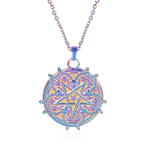 Detailed macro view of iridescent goat head pentagram pendant on a stainless steel chain