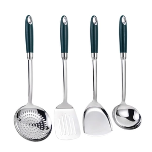 Modern 304 stainless steel 4-piece kitchen utensil set with dark green handles