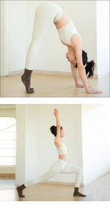 Brown yoga toe socks with anti-slip grip dots shown during professional yoga poses