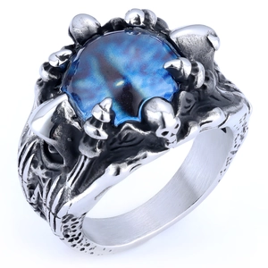 Punk gothic stainless steel ring featuring a blue evil eye stone and dragon claw design
