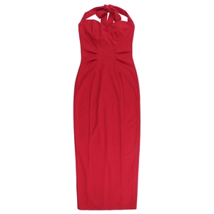 Detailed front view of a red halter neck bodycon dress in stretchy knitted fabric