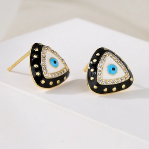 18K gold plated triangle stud earrings with blue evil eye enamel and zircon details