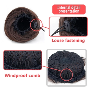 Brown synthetic hair bun with adjustable drawstring and windproof internal comb details
