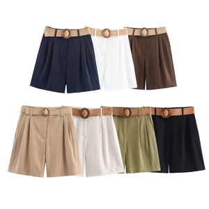 High waist wide-leg shorts with woven belt in seven assorted solid colors for women