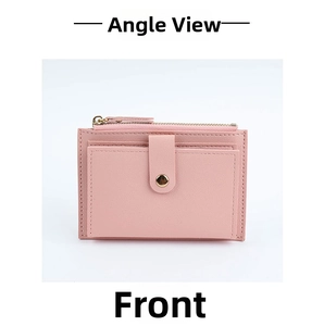 Front view of light pink compact PU leather wallet with zipper closure and metal buckle snap