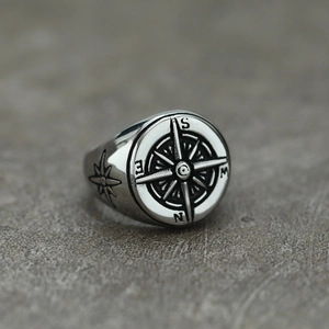 Macro view of vintage stainless steel compass ring with antique silver finish detail