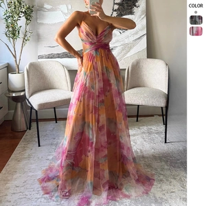 Mesh Floral Print Maxi Dress V Neck Sleeveless Backless Crisscross Straps Waist Hollow Out High Waist Vacation Sexy Summer