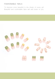 Detail showing various sizes of coffin shape press-on nails with daisy flower patterns