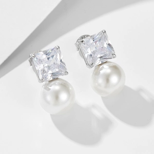Elegant silver stud earrings with square cubic zirconia and white round pearls