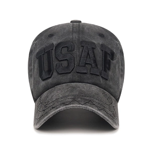 Vintage washed charcoal grey baseball cap with black USAF embroidery and stitched brim