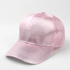 Detail shot of bright pink sequin baseball cap with metallic gradient finish