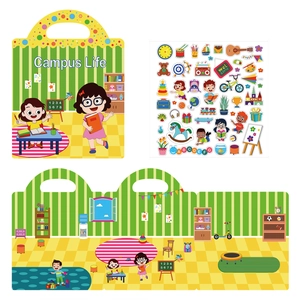 Detail view of the foldable campus life sticker book scene and reusable stickers