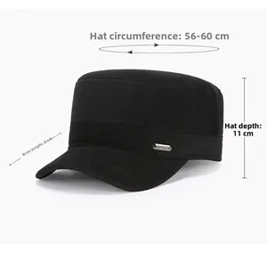 Detailed size specifications for a men's thick wool flat top cadet hat with metal plaque